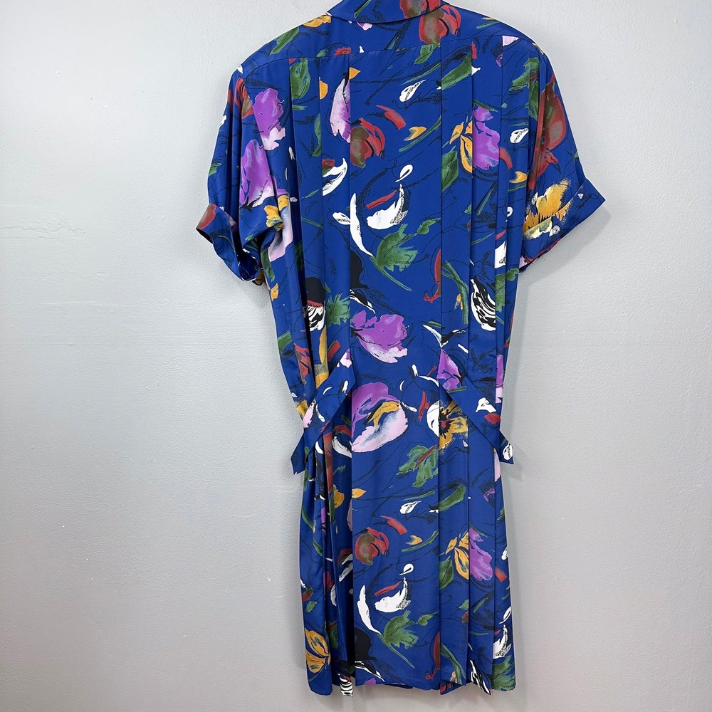 Vintage Midi Dress Women Size M Blue Floral 80s Drop Waist Retro Shoulder Pads - Picture 10 of 11
